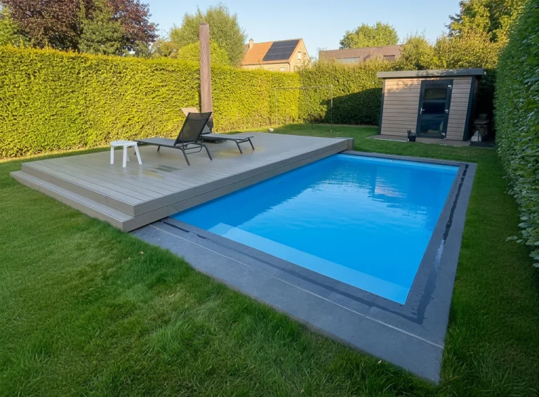 Zwembad met mobiel terras in compacte tuin in Zemst